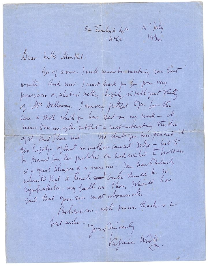 WOOLF — Excellent Autograph Letter Signed to Mlle Monteil | Sophie Dupré Autographs