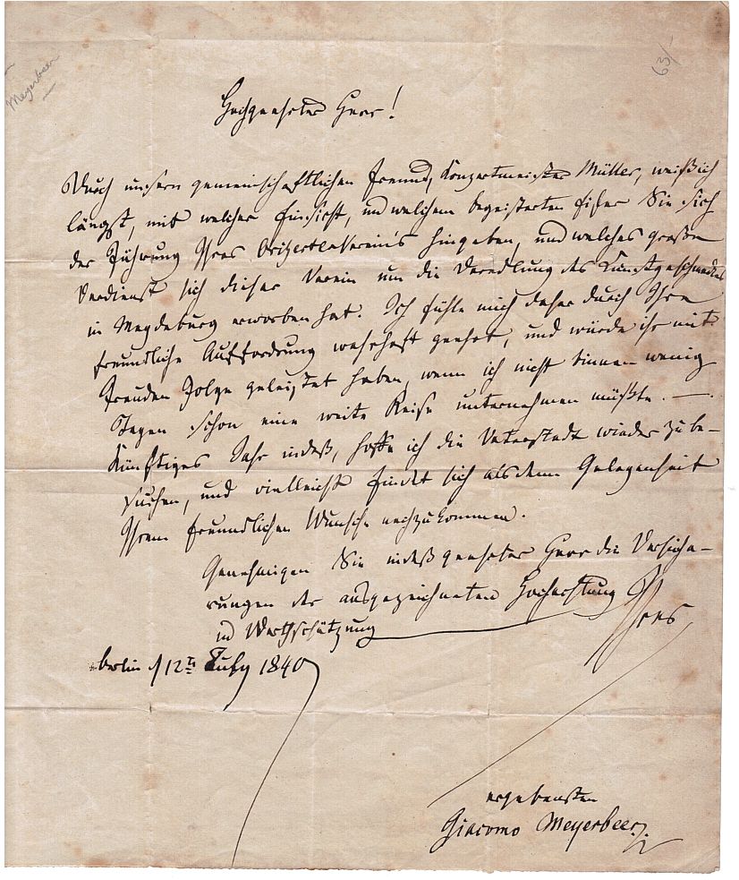 MEYERBEER — Handsome Autograph Letter Signed to Franz TESCA | Sophie Dupré Autographs