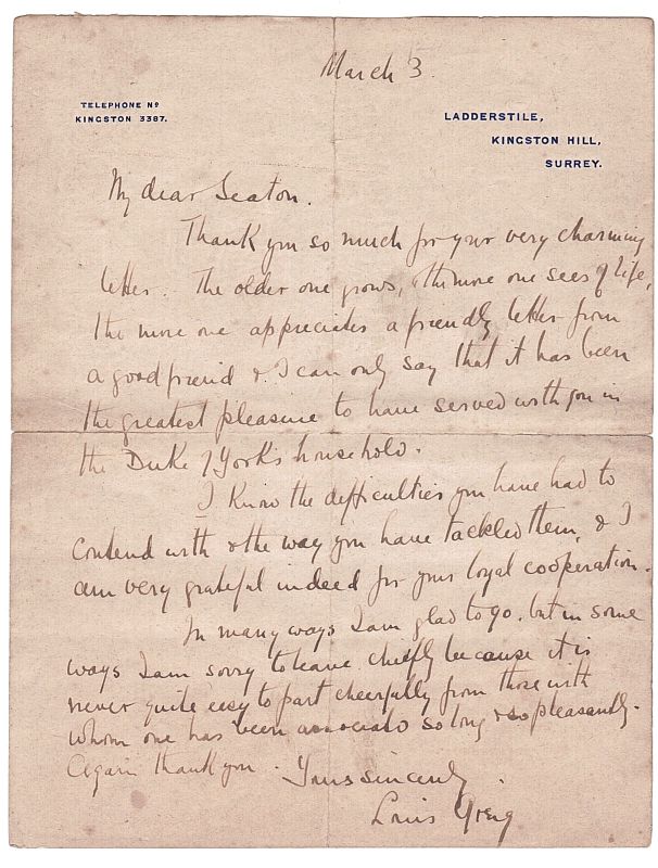 GREIG — Autograph Letter signed to Seaton, | Sophie Dupré Autographs