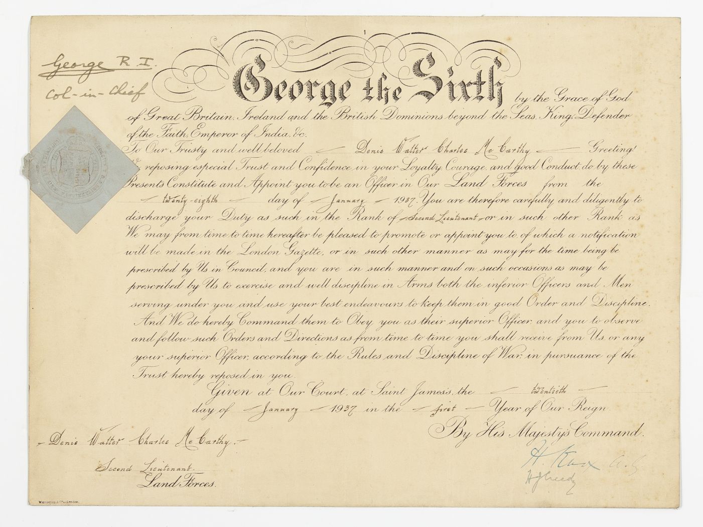 GEORGE VI — Fine document boldly signed at the head by the King with the words 'Col-in-Chief' | Sophie Dupré Autographs