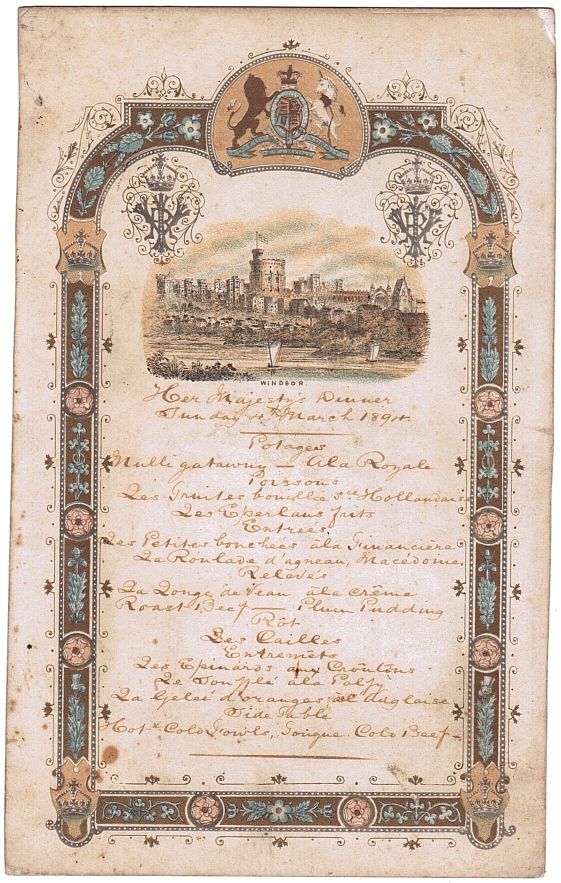 [VICTORIA — Fine menu for dinner at Windsor Castle - Her Majesty's Dinner | Sophie Dupré Autographs