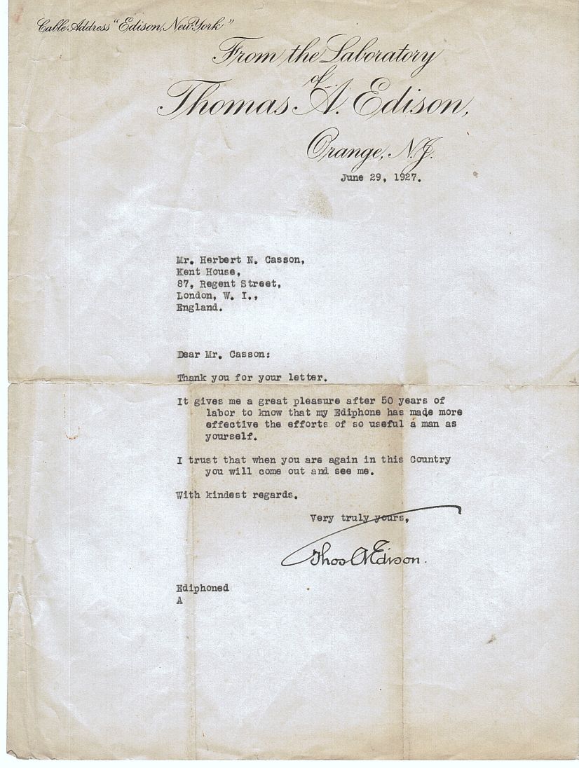EDISON — Fine typed letter signed to Mr Casson | Sophie Dupré Autographs