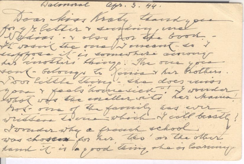 XENIA ALEXANDROVNA — Autograph letter signed on both sides of a plain postcard to 'Dear Miss Kraty' | Sophie Dupré Autographs