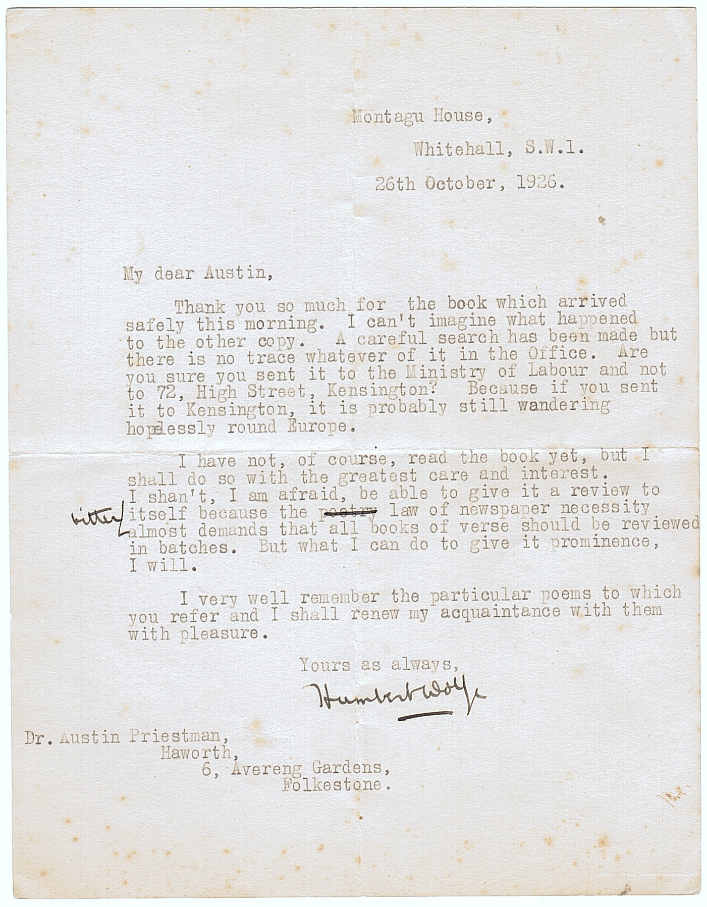 WOLFE — Typed Letter Signed with autograph amendment to Dr Austin Priestman, | Sophie Dupré Autographs