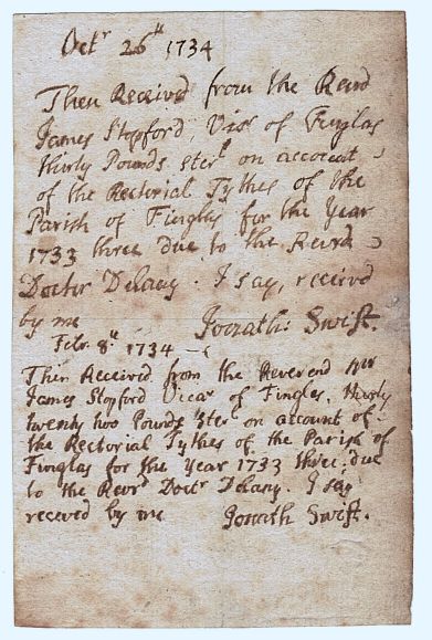 SWIFT — Pair of Autograph Receipts each signed 'Jonath Swift' | Sophie Dupré Autographs