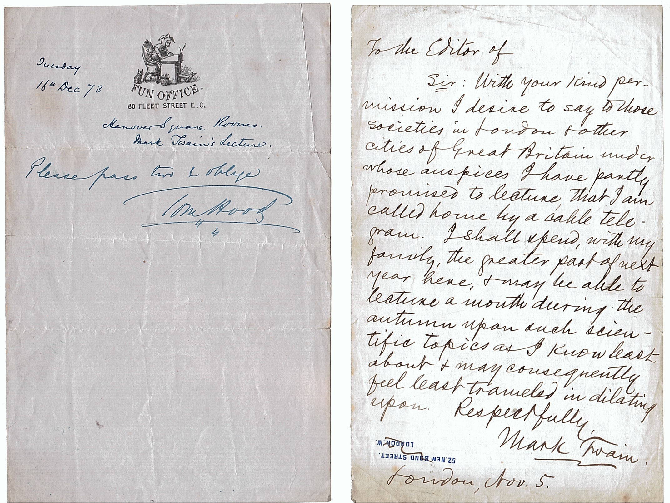 TWAIN — Fine Autograph Letter Signed Mark Twain to The Editor | Sophie Dupré Autographs