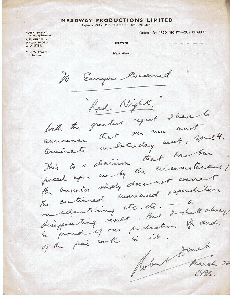 DONAT — Fine Autograph letter signed  To Everyone Concerned in 'Red Night', | Sophie Dupré Autographs