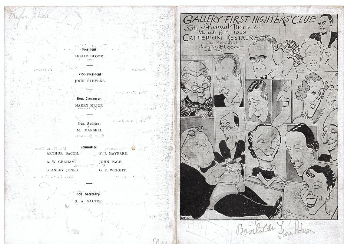 ROBESON — Menu card for the Gallery First Nighter's Club signed by the above, | Sophie Dupré Autographs