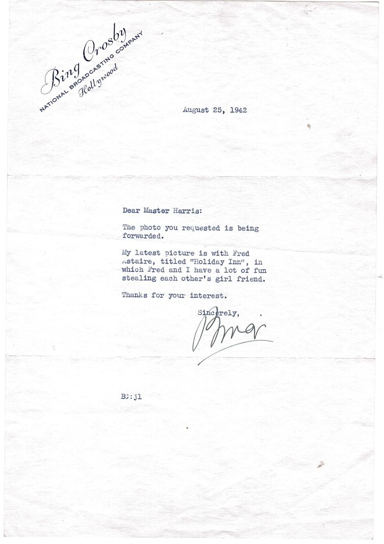 CROSBY — Typed letter signed ('Bing') to Master Harris | Sophie Dupré Autographs