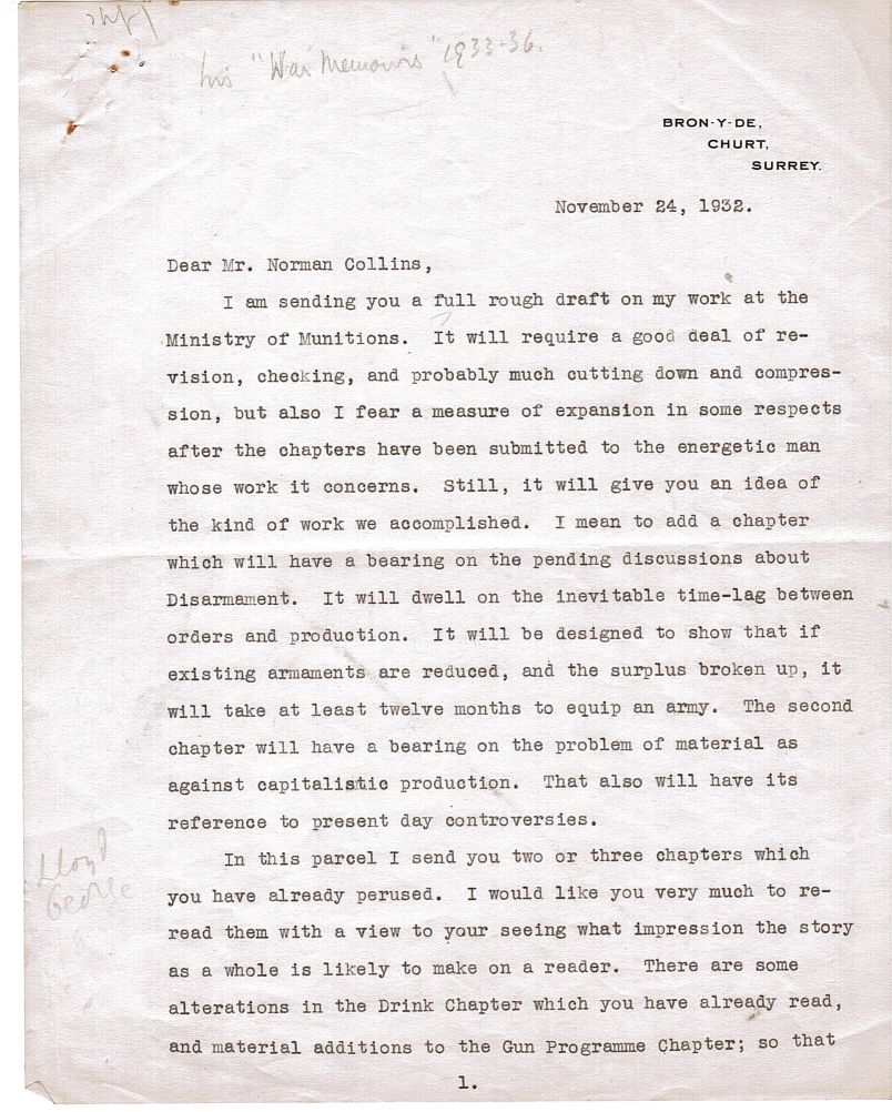 LLOYD-GEORGE — Important Typed Letter Signed with autograph postscript signed 'L.G.' to Norman Collins, | Sophie Dupré Autographs