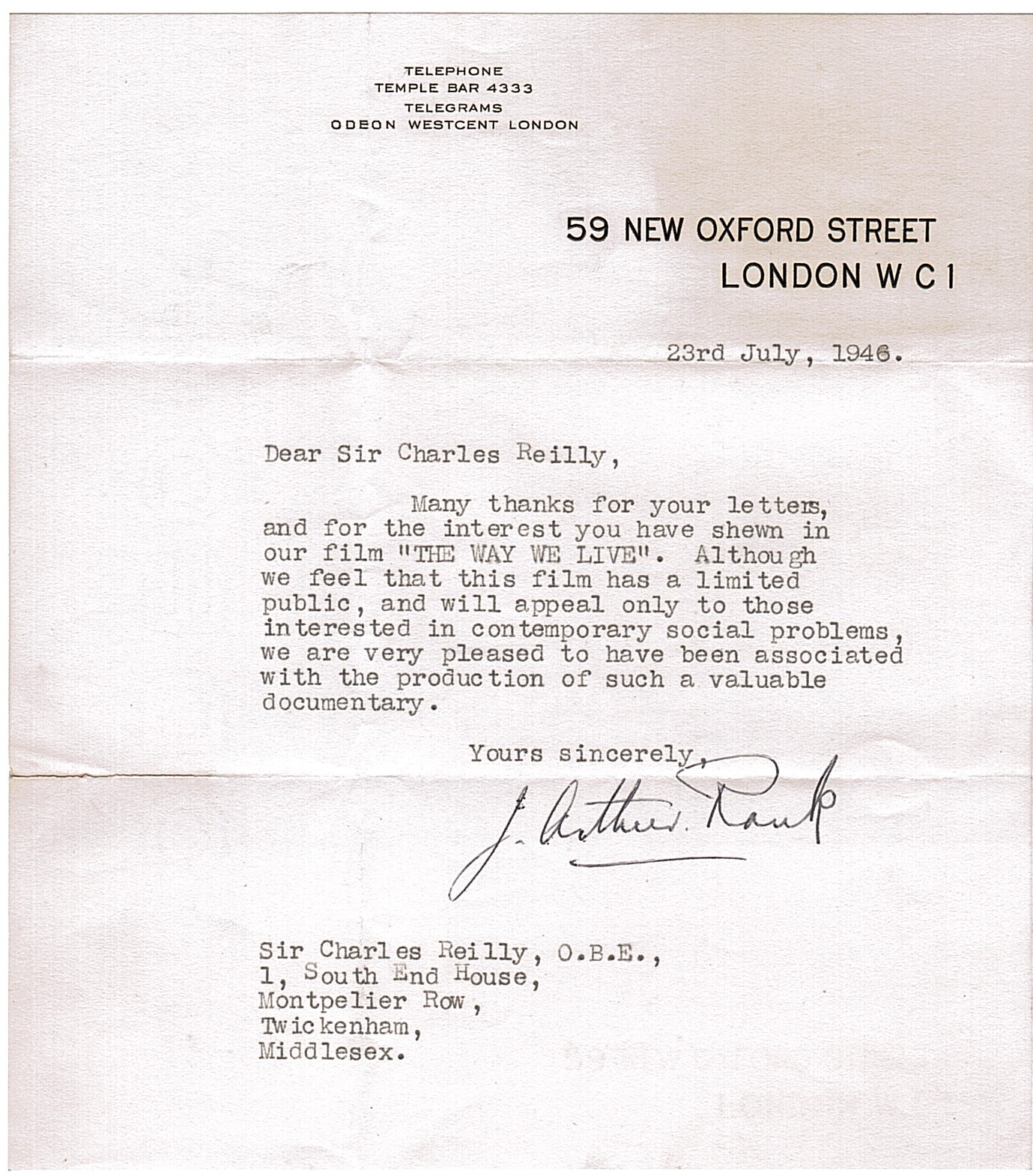 RANK — Typed Letter signed to Sir Charles Reilly | Sophie Dupré Autographs