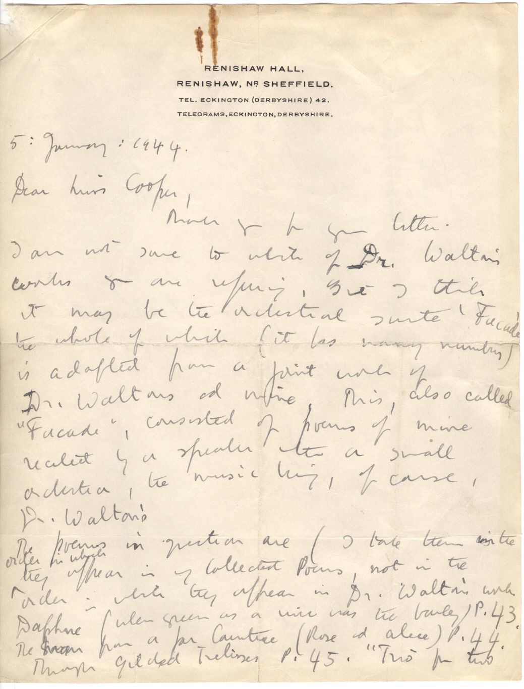 SITWELL — Fine Autograph letter signed in full to Miss Cooper | Sophie Dupré Autographs