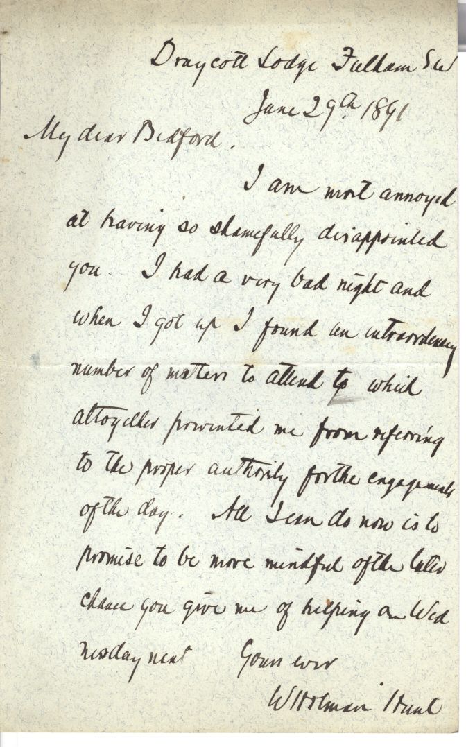 HUNT — Fine Autograph Letter Signed 'W. Holman Hunt' to 'My dear Bedford' | Sophie Dupré Autographs