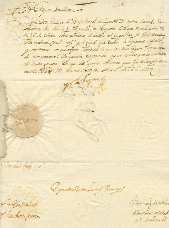 MARIANA OF AUSTRIA — Clerk Written Document in Spanish, signed with a stamped signature ´Yo La Reyna´, addressed to Don Rodrigo de Borja Lanzol, | Sophie Dupré Autographs