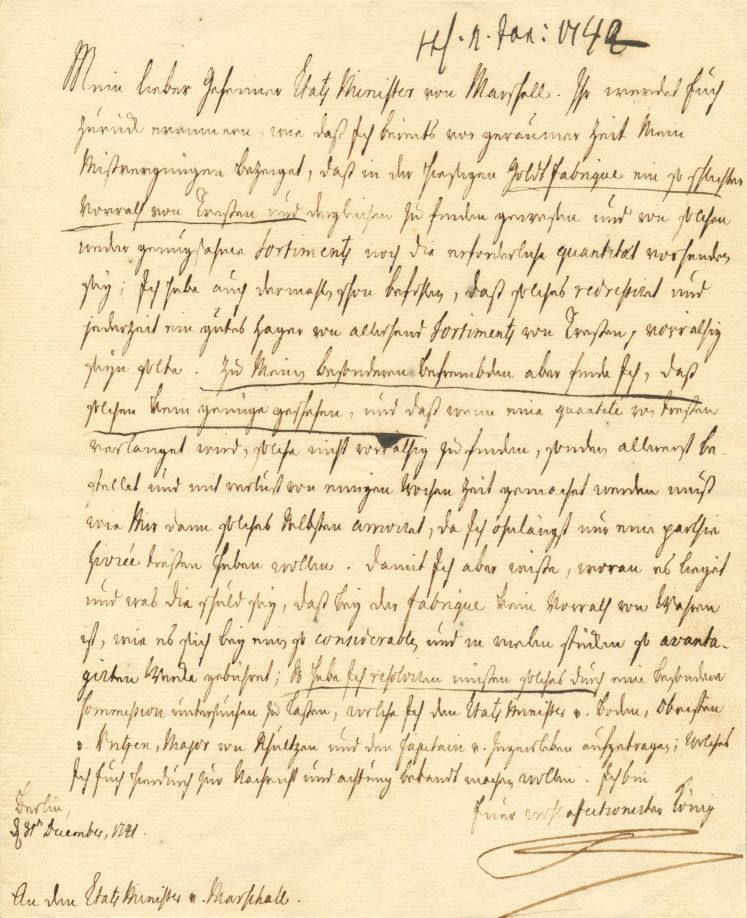 FREDERICK II — Furious Letter signed Friedrich, in German, to Samuel Von MARSCHALL | Sophie Dupré Autographs