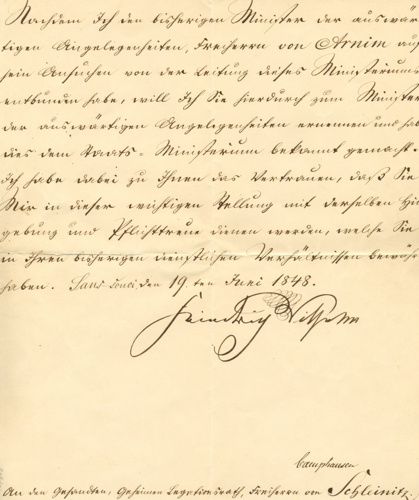 FRIEDRICH WILHELM IV — Letter Signed 'Frederic Wilhelm', in German. to Baron von SCHLEINITZ, | Sophie Dupré Autographs