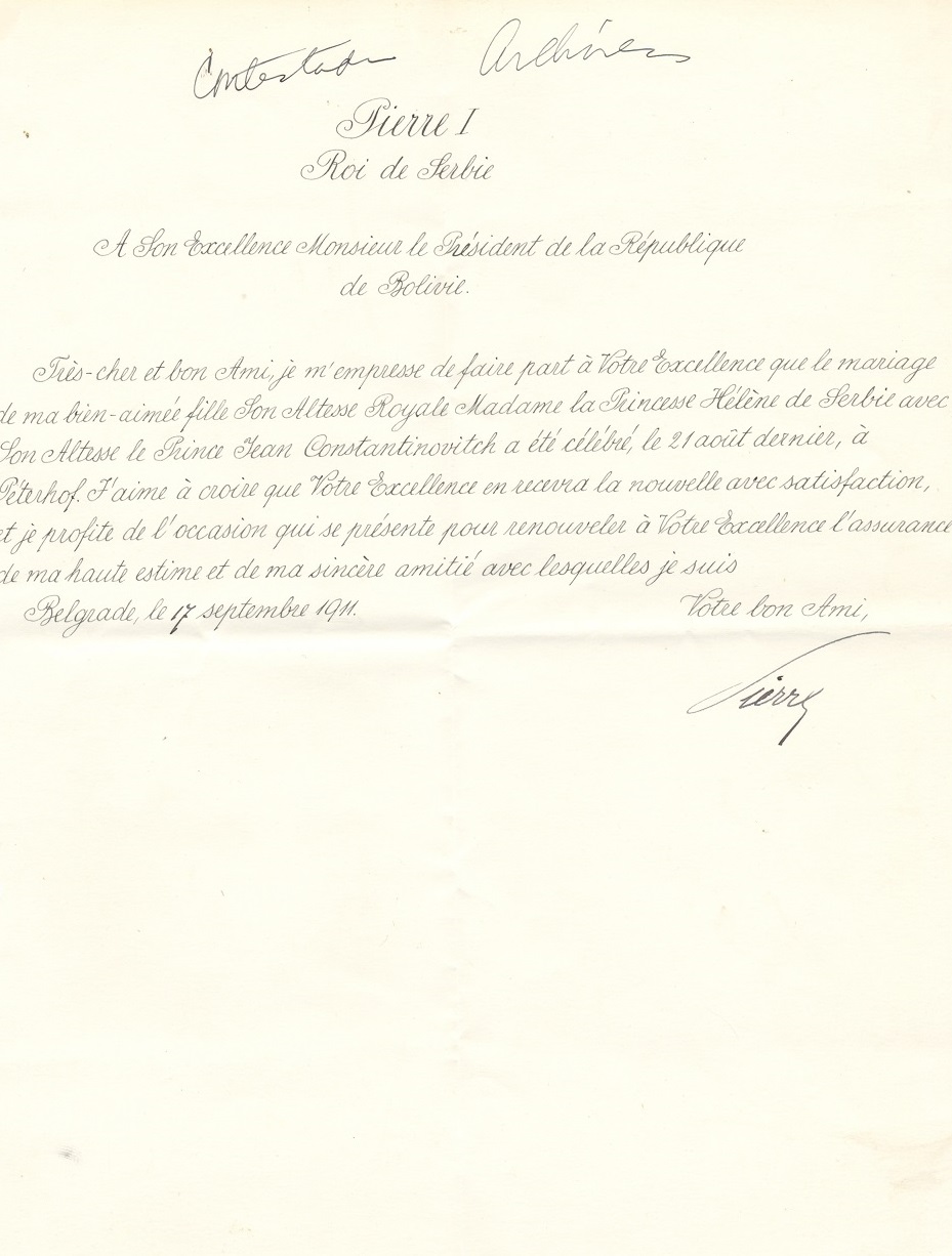 PETER I — Fine Letter signed 'Pierre' in French with translation, to the President of the Republic of Bolivia | Sophie Dupré Autographs
