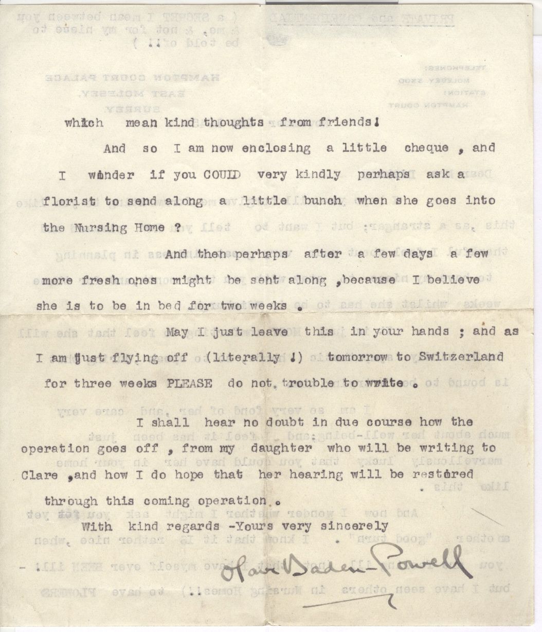 BADEN-POWELL — Excellent Typed Letter Signed signed to Mrs Dickson marked Private and Confidential | Sophie Dupré Autographs
