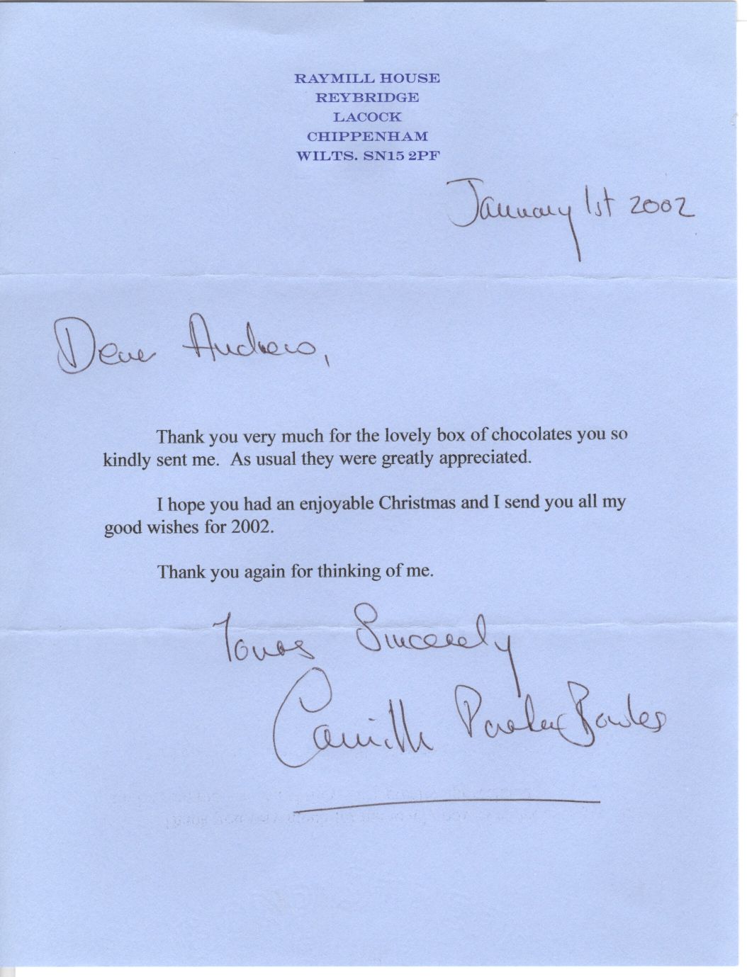 CAMILLA — Typed Letter Signed with autograph salutation and subscription to Andrew, | Sophie Dupré Autographs