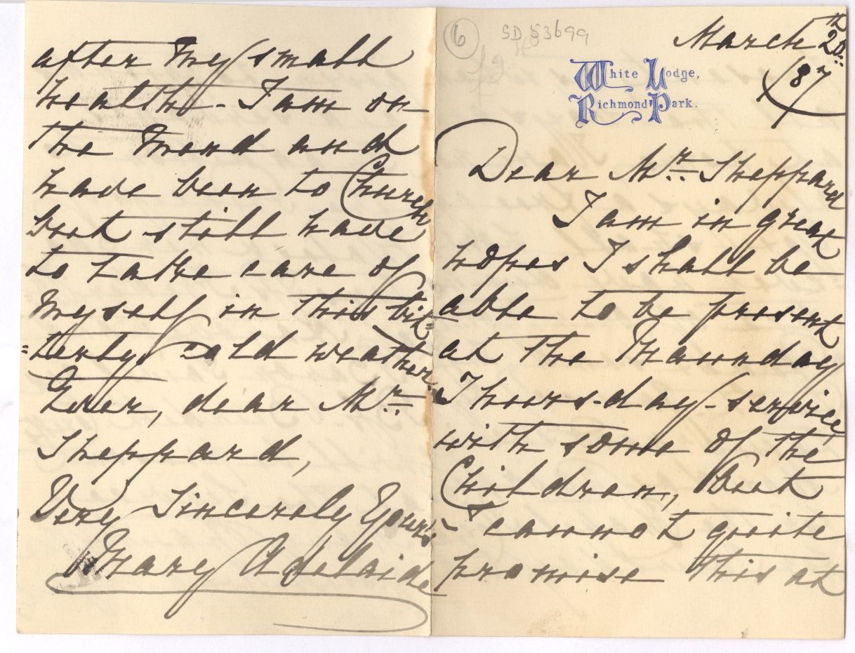 MARY ADELAIDE — Autograph letter signed to Canon Edgar Sheppard, | Sophie Dupré Autographs