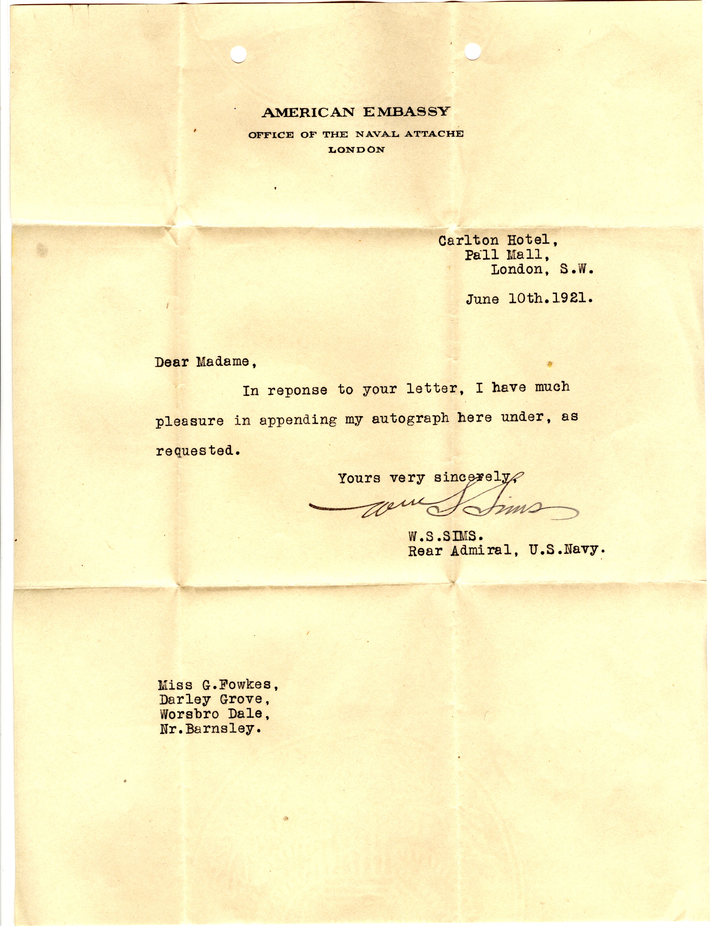 SIMS — Typed letter signed to Miss G. Fowkes | Sophie Dupré Autographs