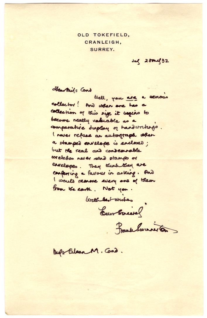 SWINNERTON — Autograph Letter Signed to Miss Eileen Cond | Sophie Dupré Autographs
