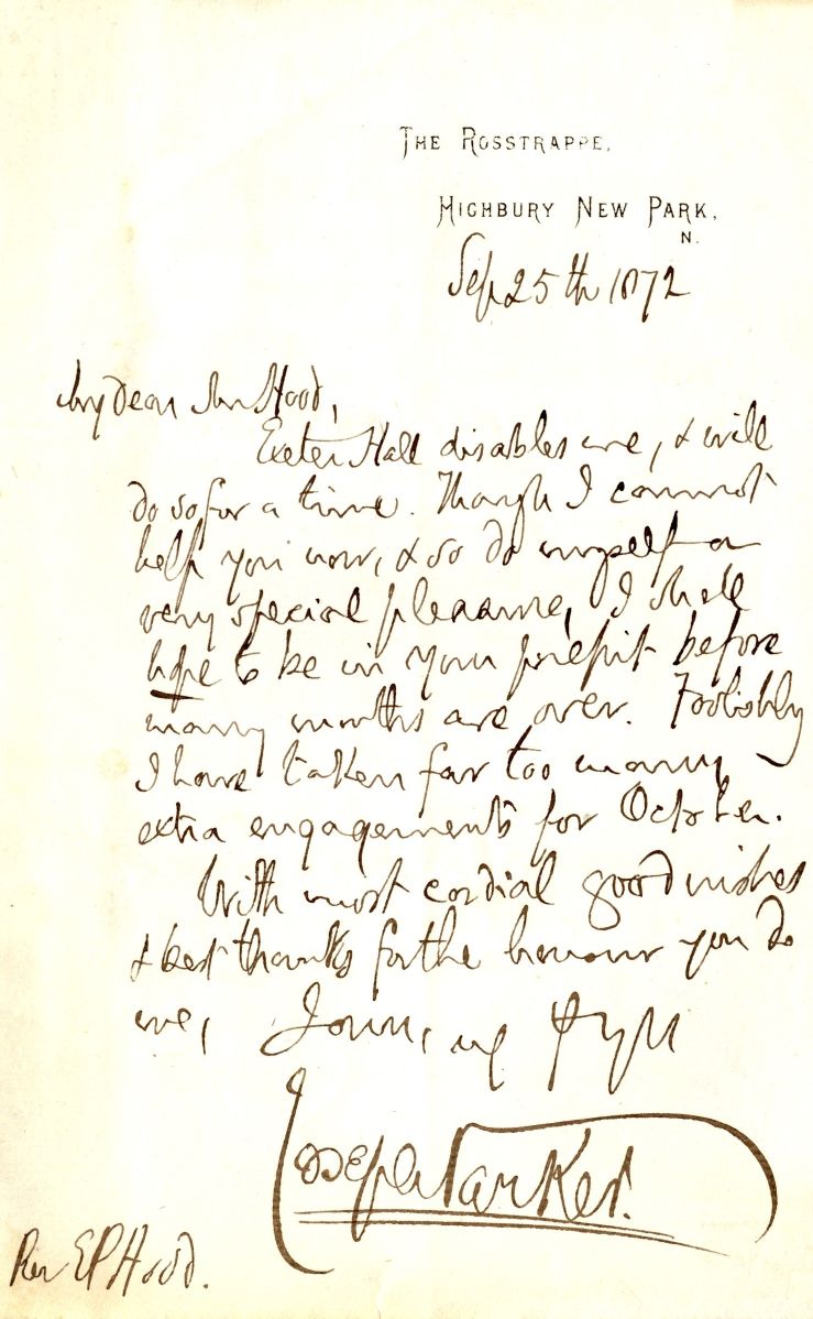 PARKER — Autograph Letter signed to Rev Edwin Paxton HOOD | Sophie Dupré Autographs