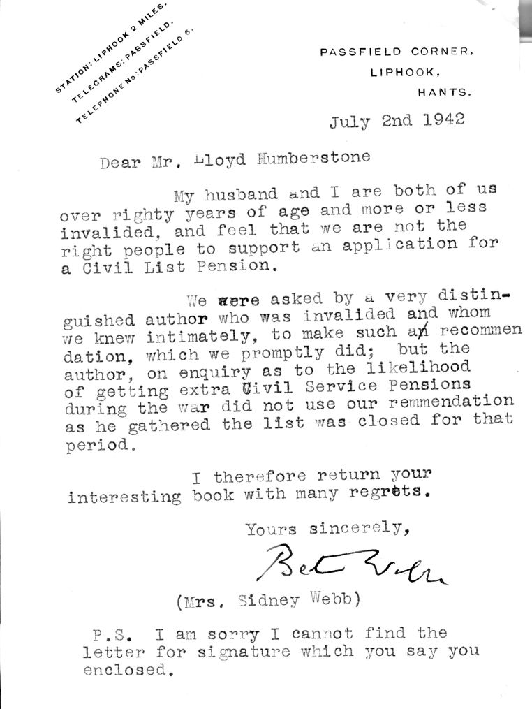 WEBB — Typed letter signed to Mr Lloyd Humberstone | Sophie Dupré Autographs