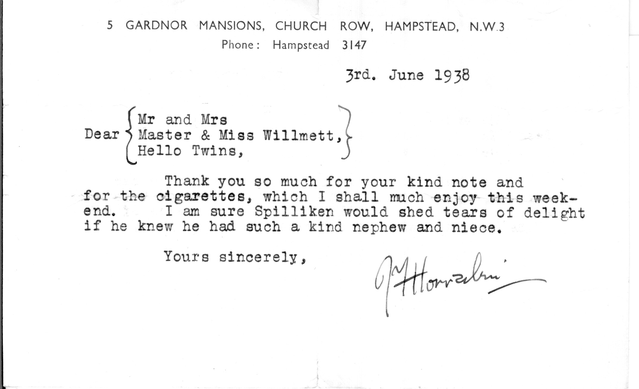HORRABIN — Typed Letter Signed to the Willmett family, Hello Twins | Sophie Dupré Autographs