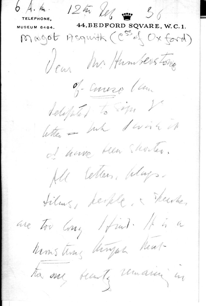 ASQUITH — Autograph Letter Signed in pencil to Mr Humberstone | Sophie Dupré Autographs