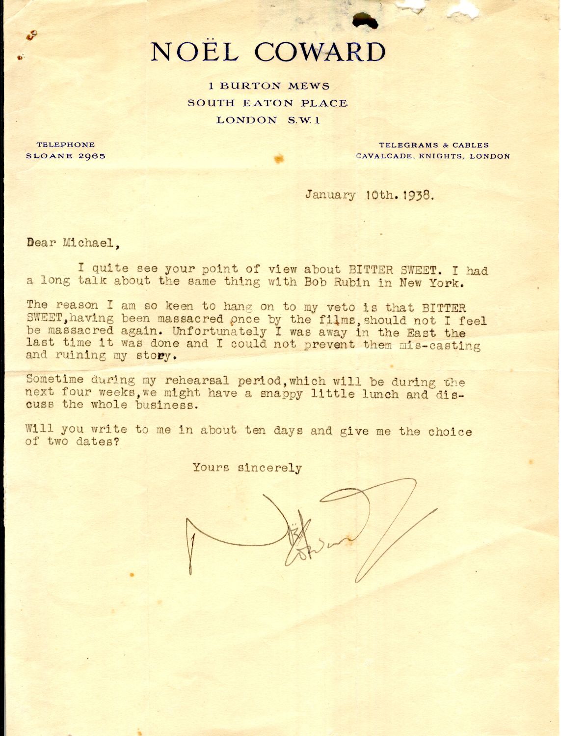 COWARD — Fine Typed Letter Signed to 'Dear Michael' | Sophie Dupré Autographs