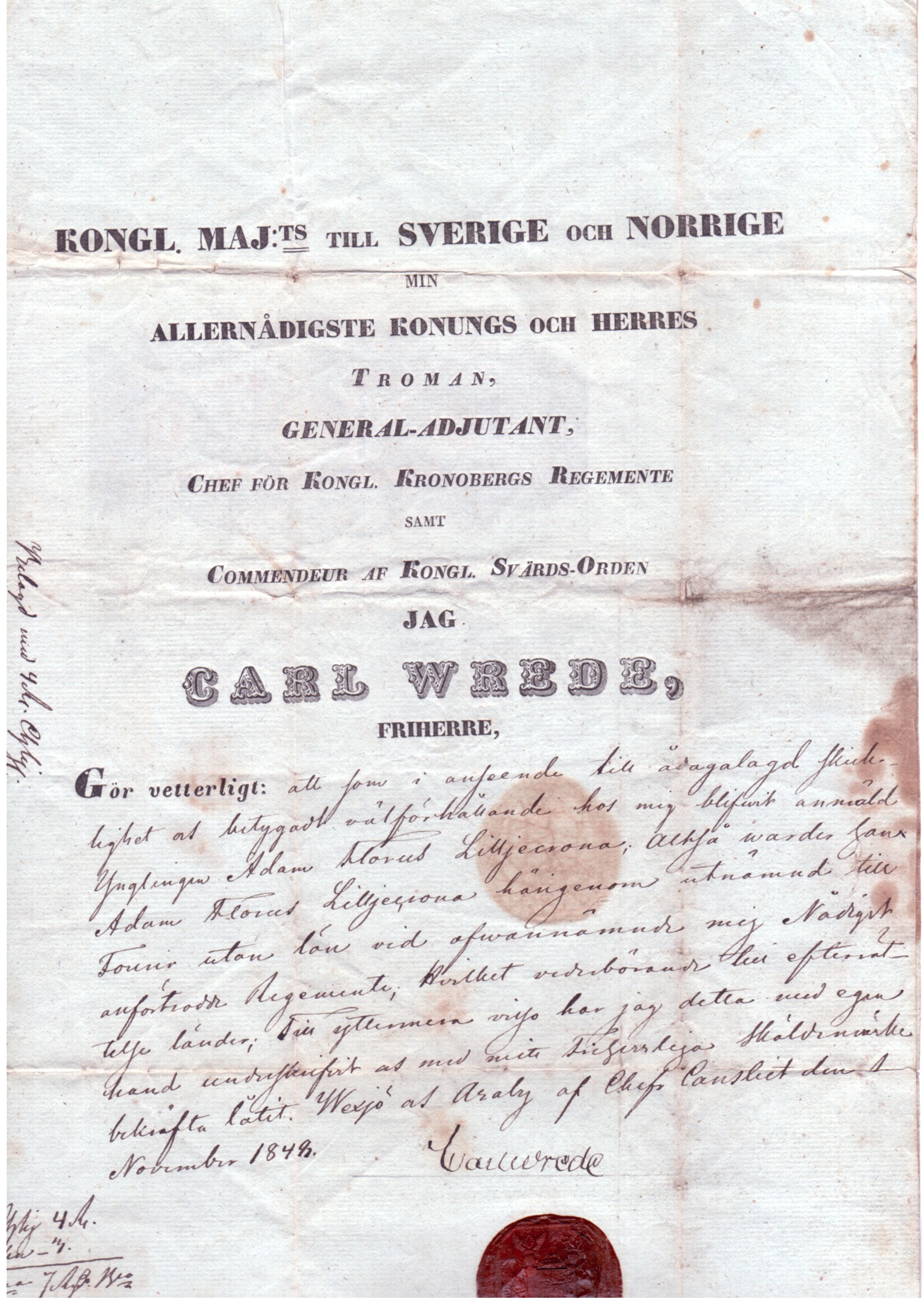 WREDE — Document signed, in Swedish, with translation, to  Adam Florus LILLJECRONA | Sophie Dupré Autographs
