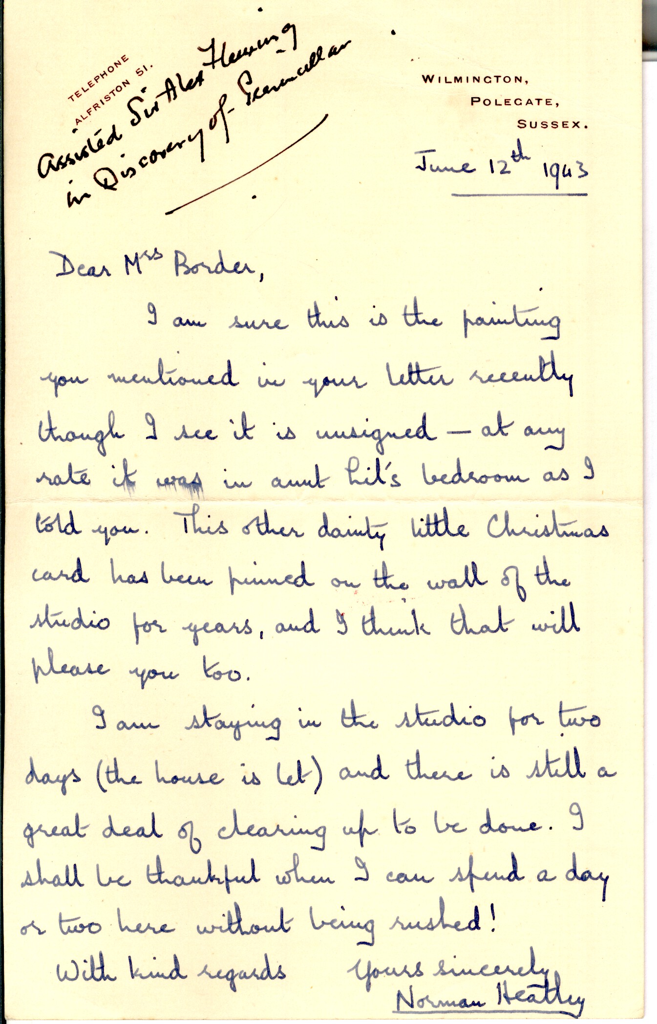 HEATLEY — Autograph Letter Signed to Mrs Border | Sophie Dupré Autographs