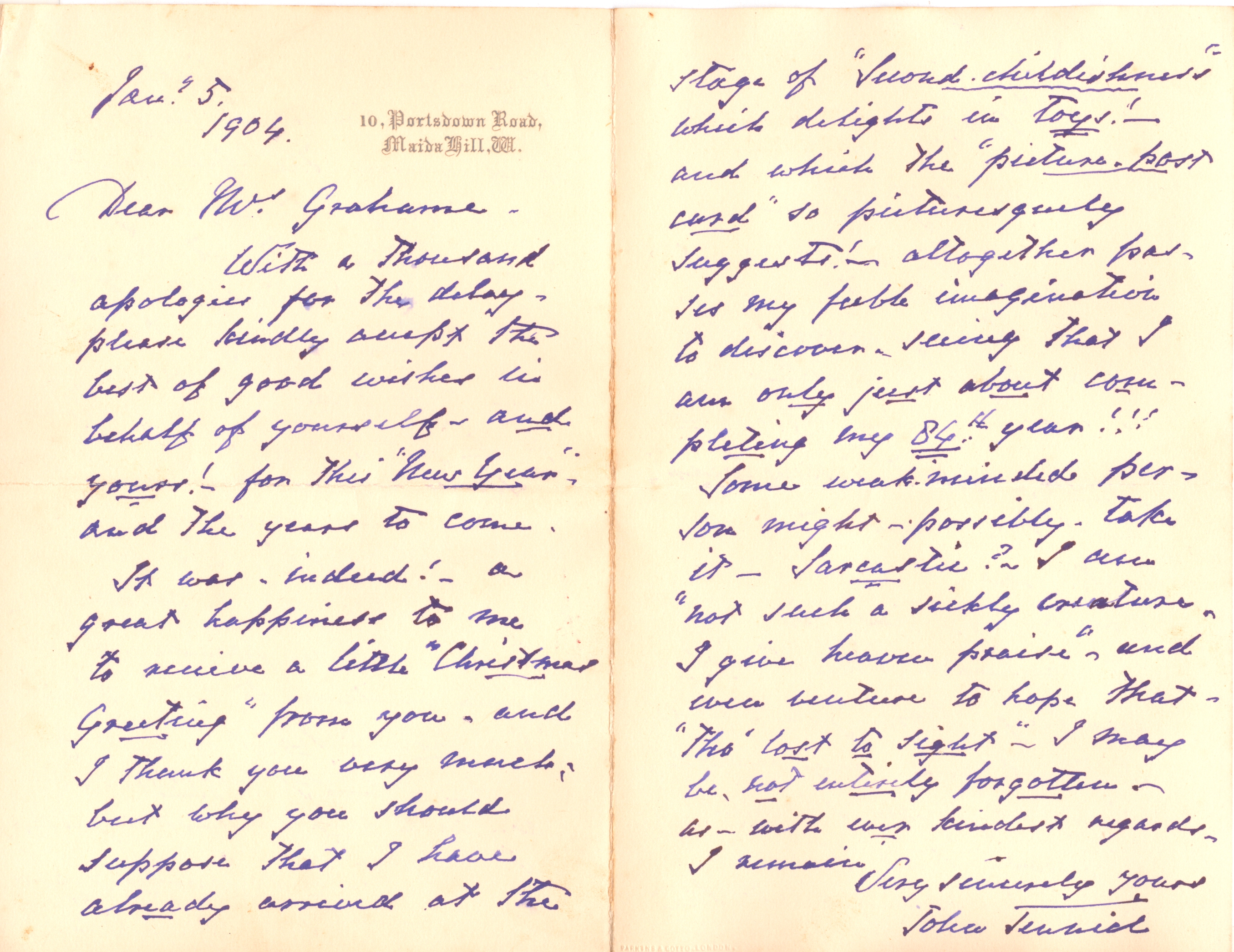 TENNIEL — Exceptional Autograph Letter signed in full to Mrs Grahame | Sophie Dupré Autographs