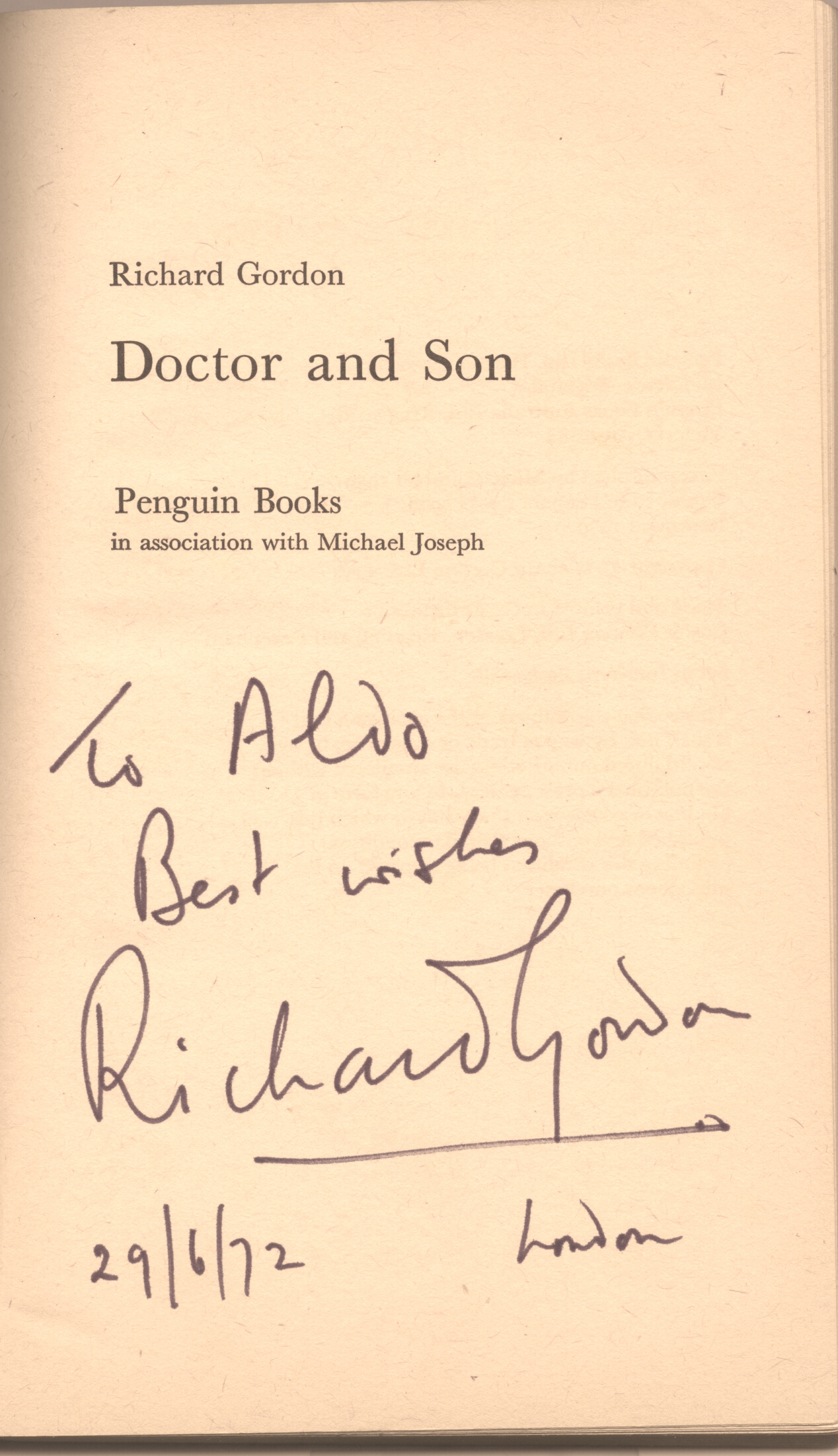 GORDON — Paperback copy of his novel 'Doctor and Son' signed and inscribed | Sophie Dupré Autographs