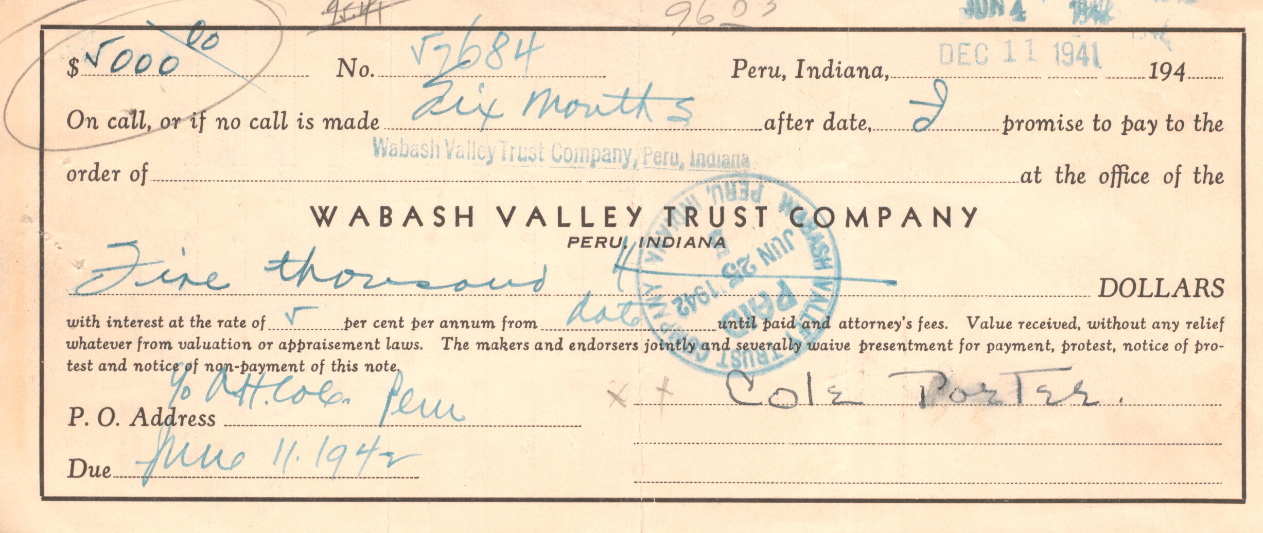 PORTER — Signed Loan Agreement on a printed form | Sophie Dupré Autographs
