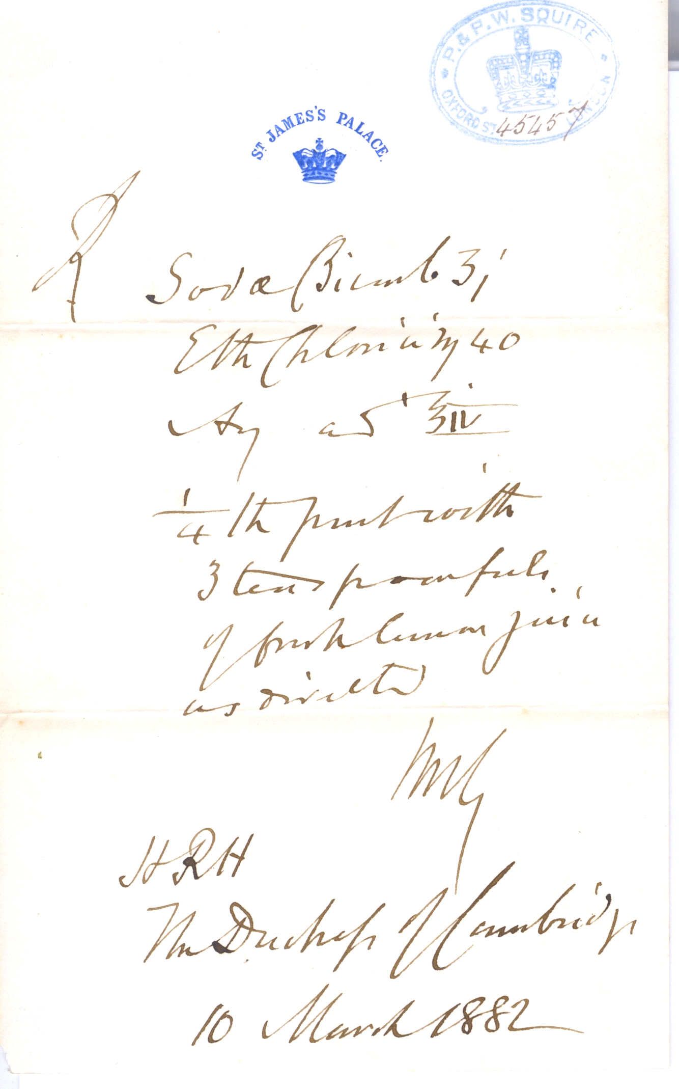 GULL — Fine example of one of the autograph prescriptions signed with initials and named H.R.H. The Duchess of Cambridge, | Sophie Dupré Autographs