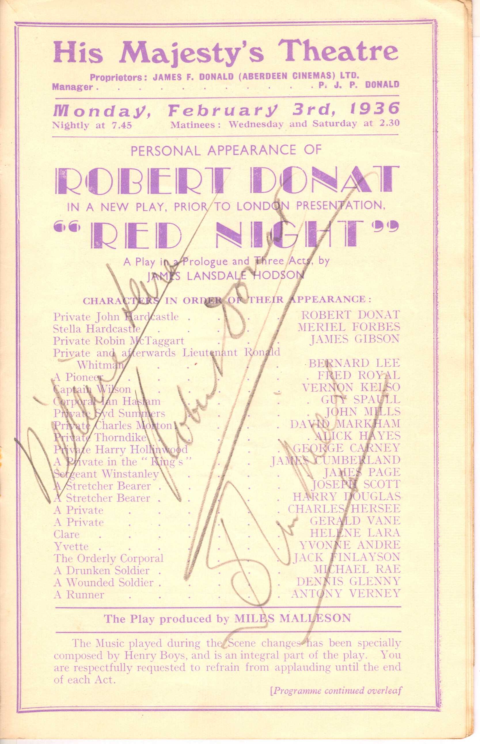 DONAT — Programme signed in pencil by all three | Sophie Dupré Autographs