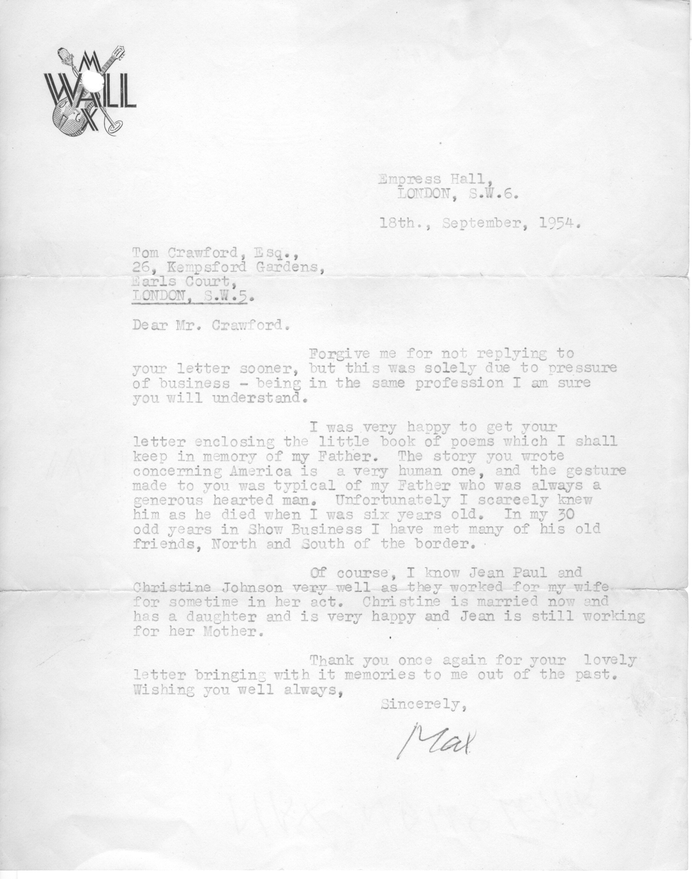 WALL — Fine Typed Letter Signed Max to Tom Crawford | Sophie Dupré Autographs