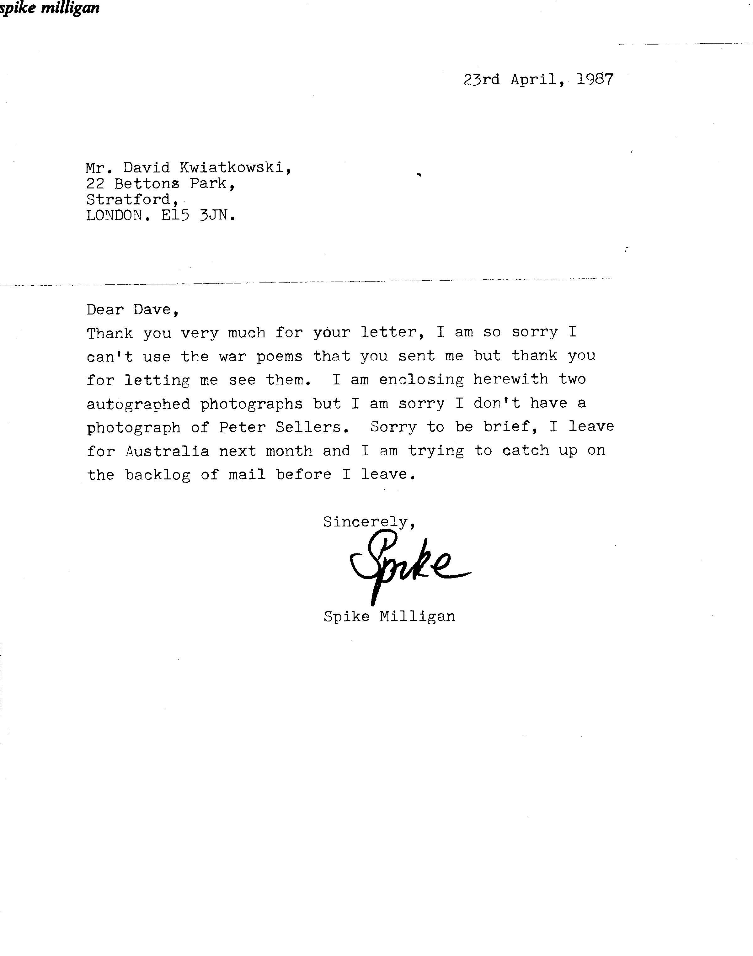 MILLIGAN — Typed Letter signed 'Spike' to David Kwiatkowski | Sophie Dupré Autographs