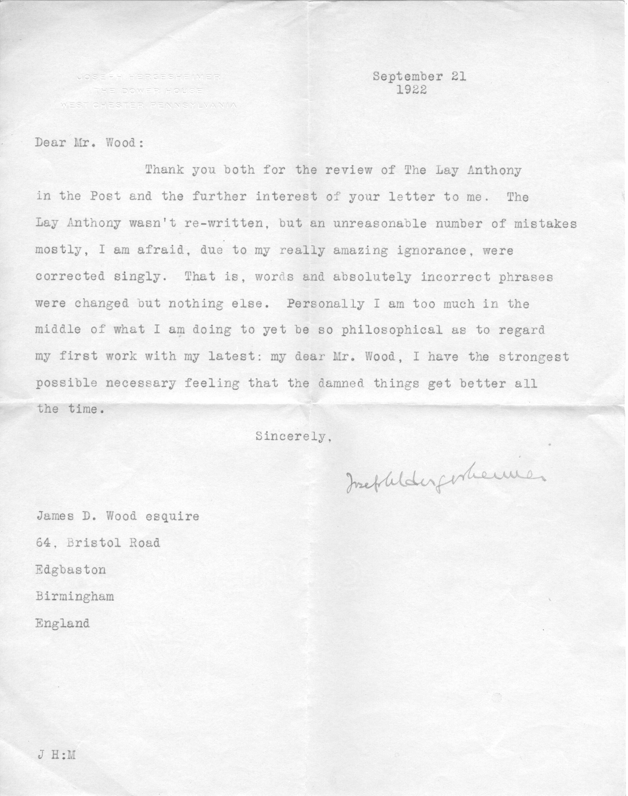 HERGESHEIMER — Typed Letter signed to James D. Wood in Bristol | Sophie Dupré Autographs