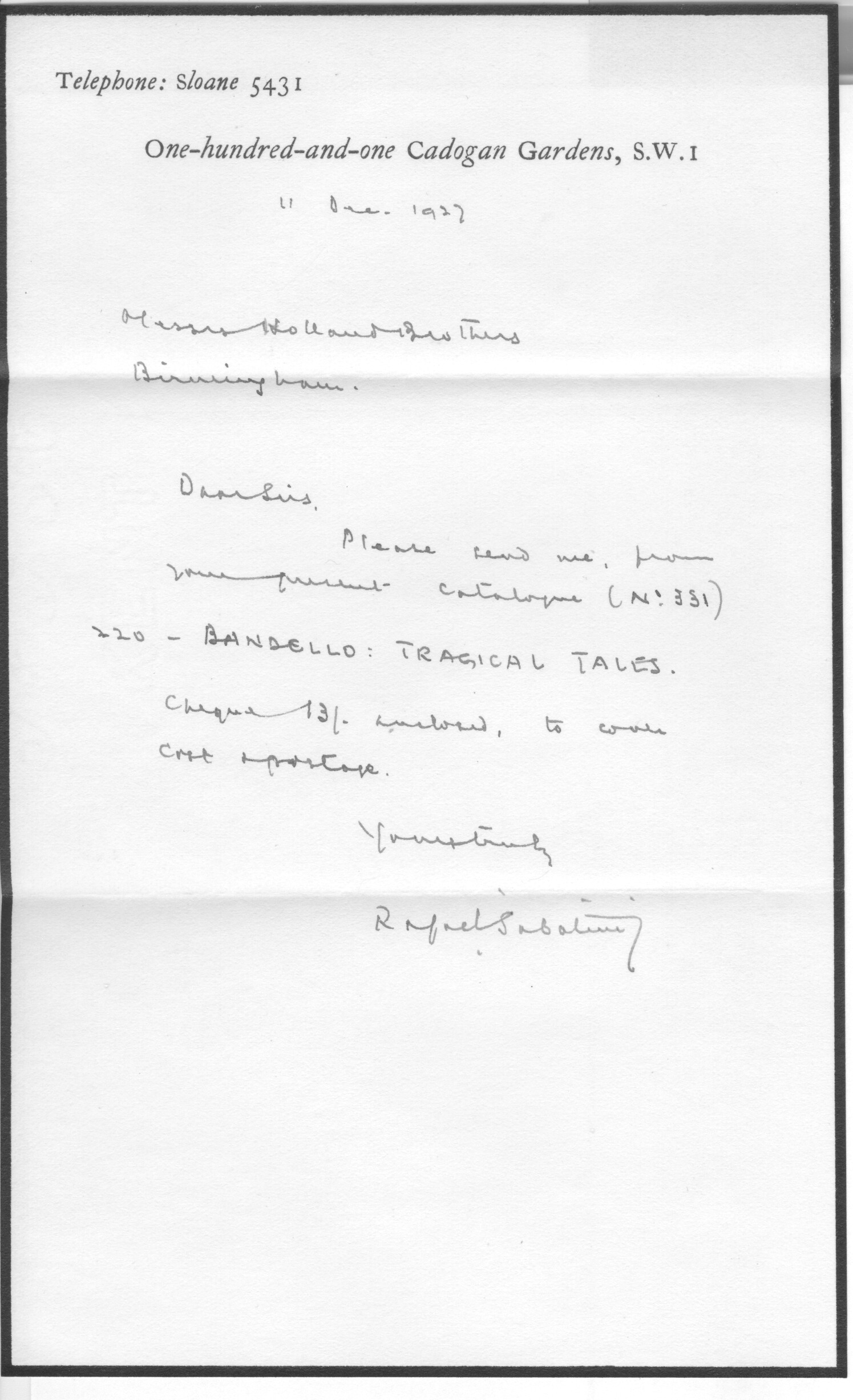 SABATINI — Fine Autograph Letter Signed to Messrs Holland Brothers | Sophie Dupré Autographs