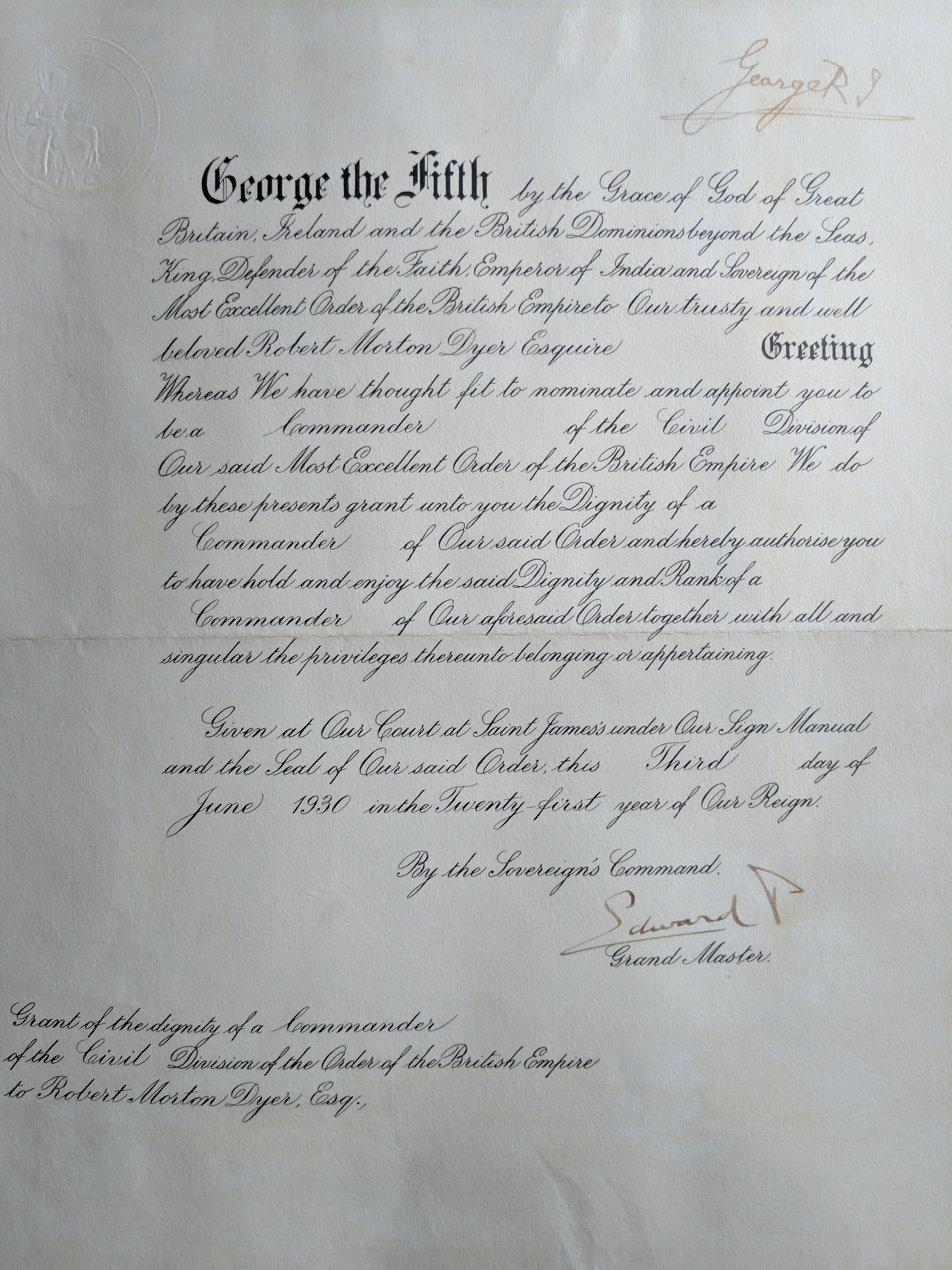 GEORGE V — Fine Document signed by the King at the head and by the Prince of Wales as Grand Master at the foot, | Sophie Dupré Autographs