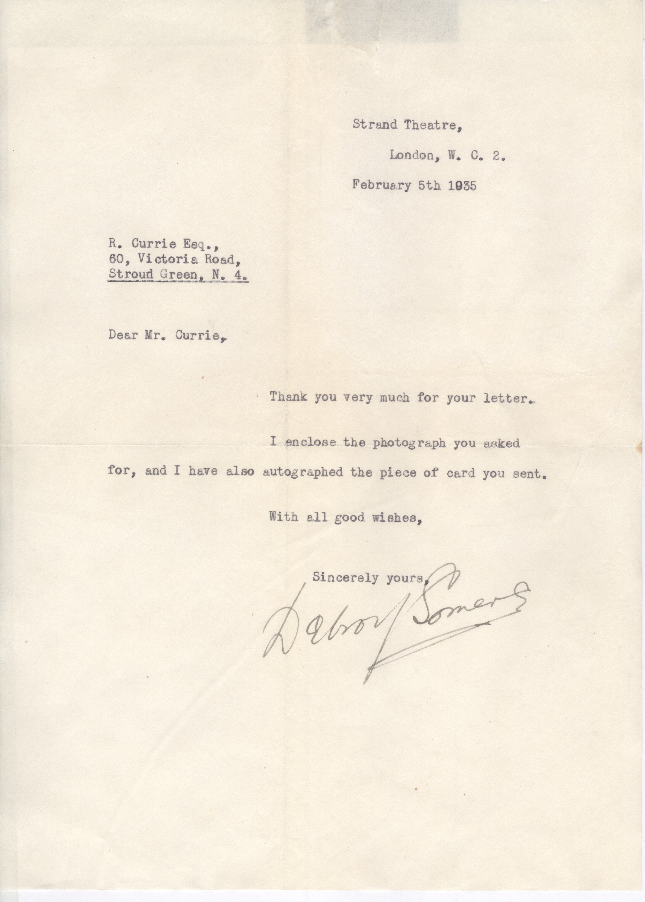 SOMERS — Typed Letter signed to Mr Currie | Sophie Dupré Autographs