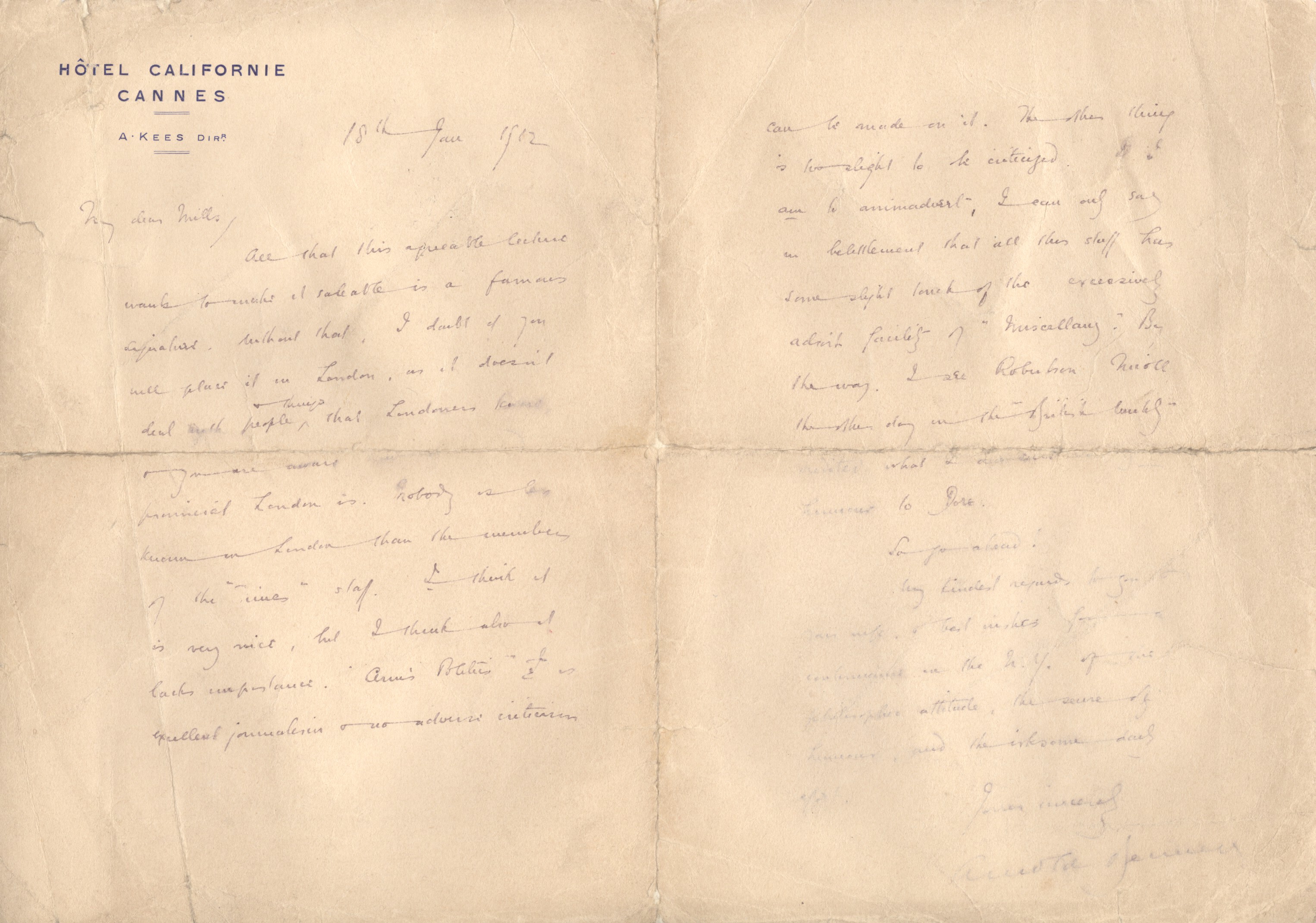 BENNETT — Autograph Letter Signed in full to My dear Mills | Sophie Dupré Autographs