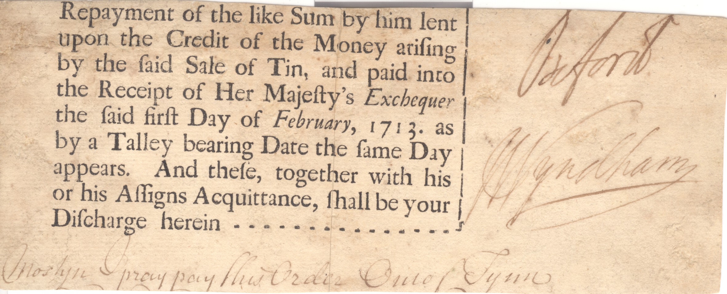 WYNDHAM — Portion of a printed exchequer document signed by both | Sophie Dupré Autographs