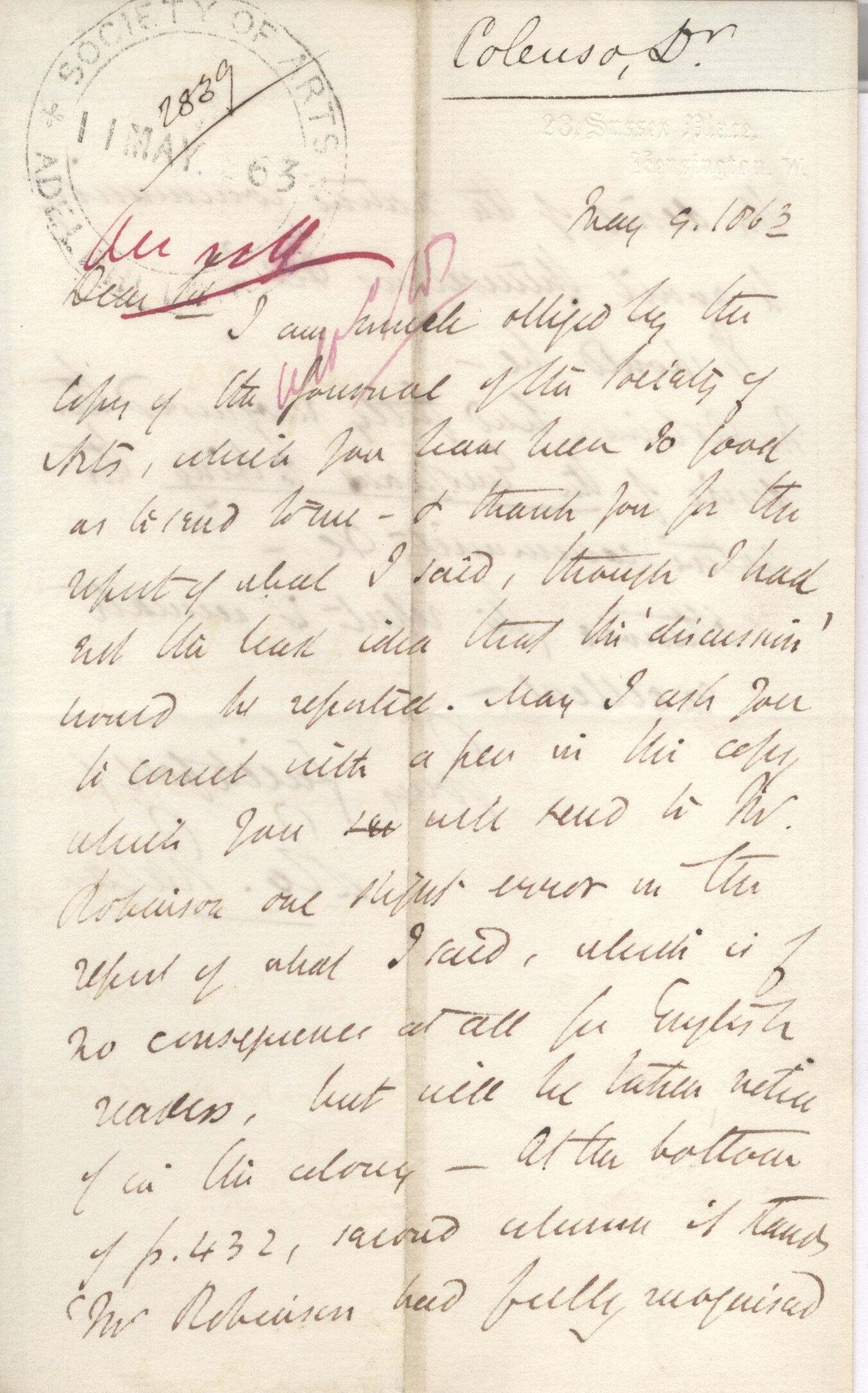 COLENSO — Autograph Letter Signed 'J.W. Natal' to the Society of Arts | Sophie Dupré Autographs