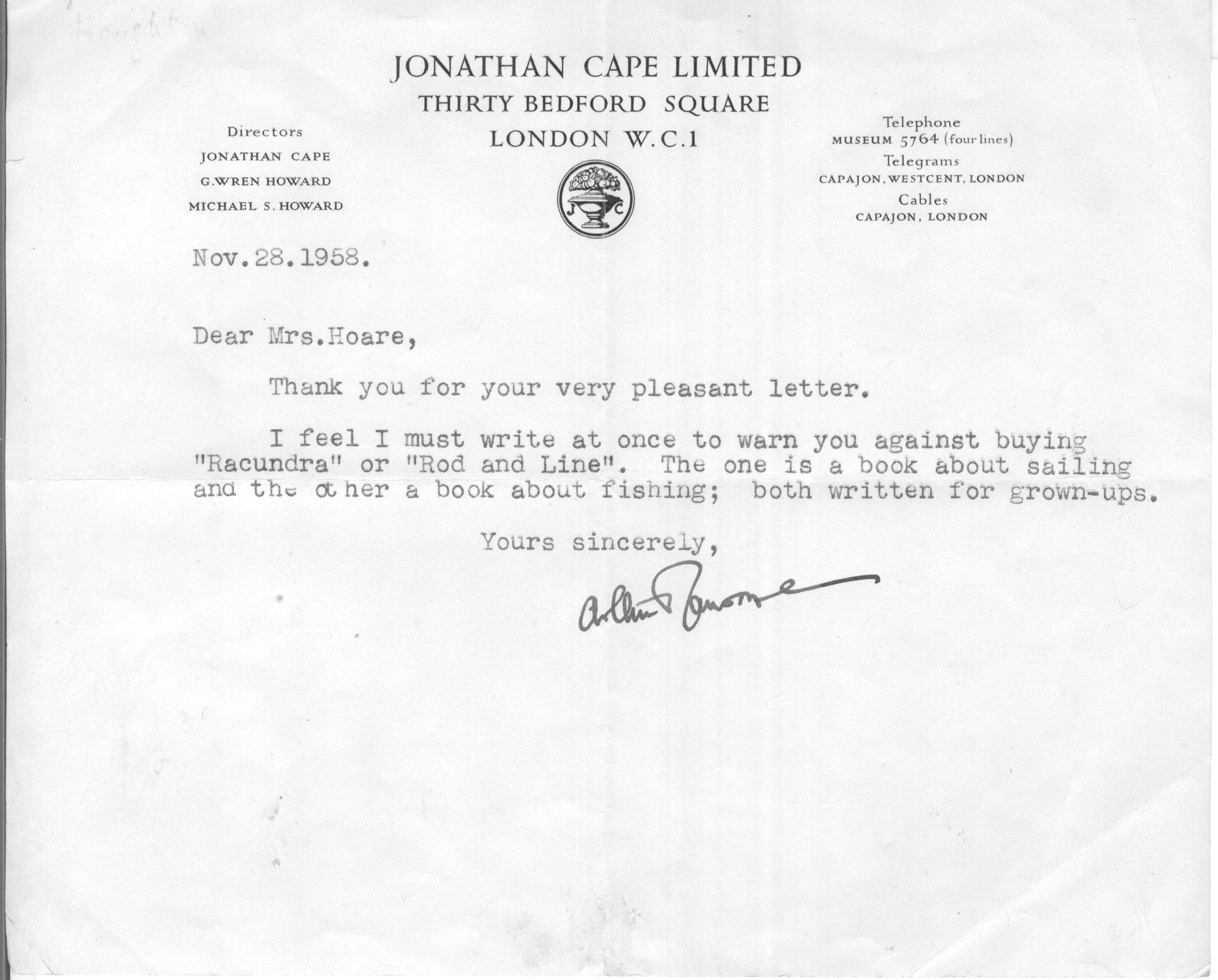 RANSOME — Typed Letter Signed to Mrs Hoare, | Sophie Dupré Autographs