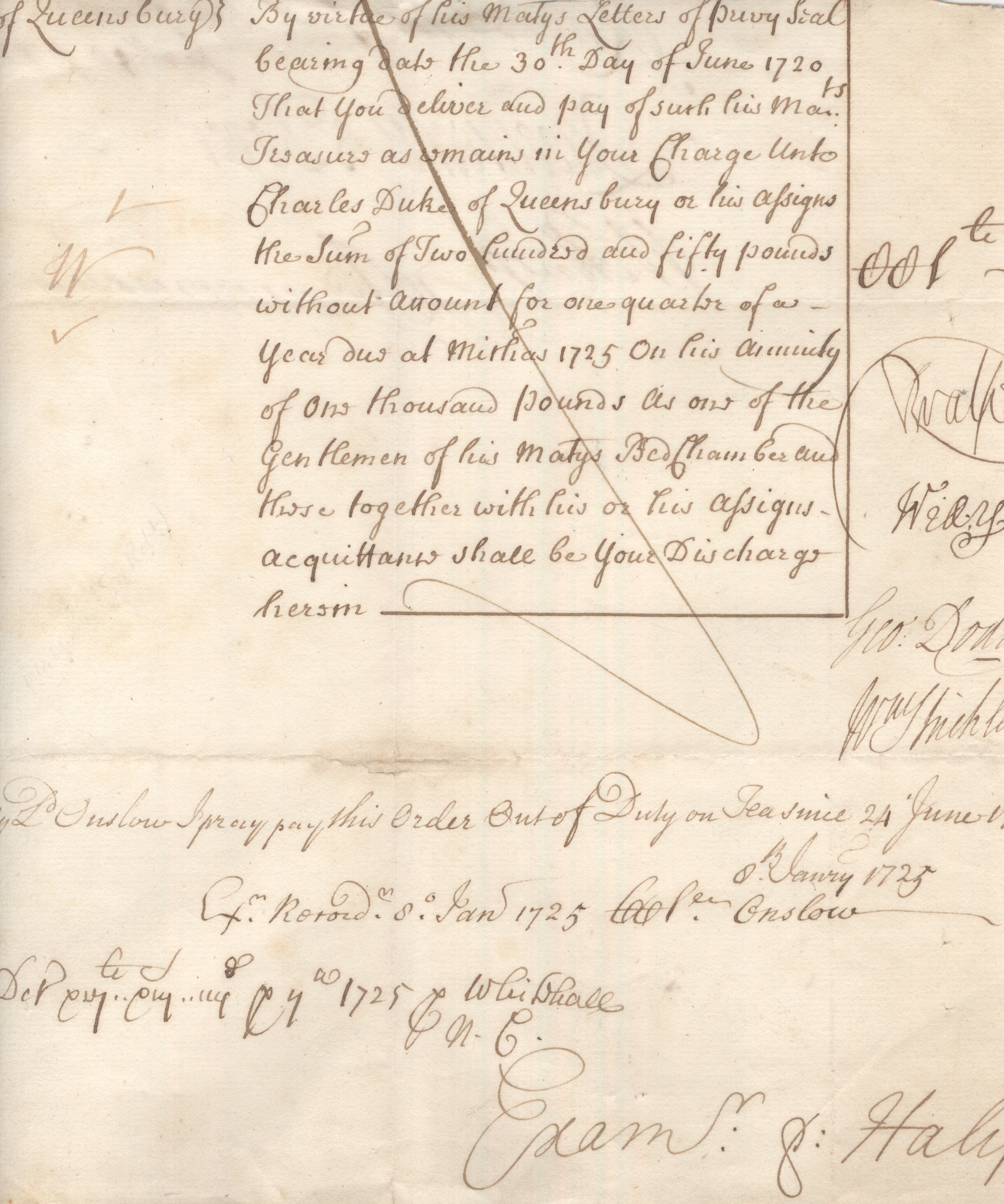 WALPOLE — Lower part of a Manuscript Exchequer Document signed by all three, addressed to Lord Onslow, | Sophie Dupré Autographs