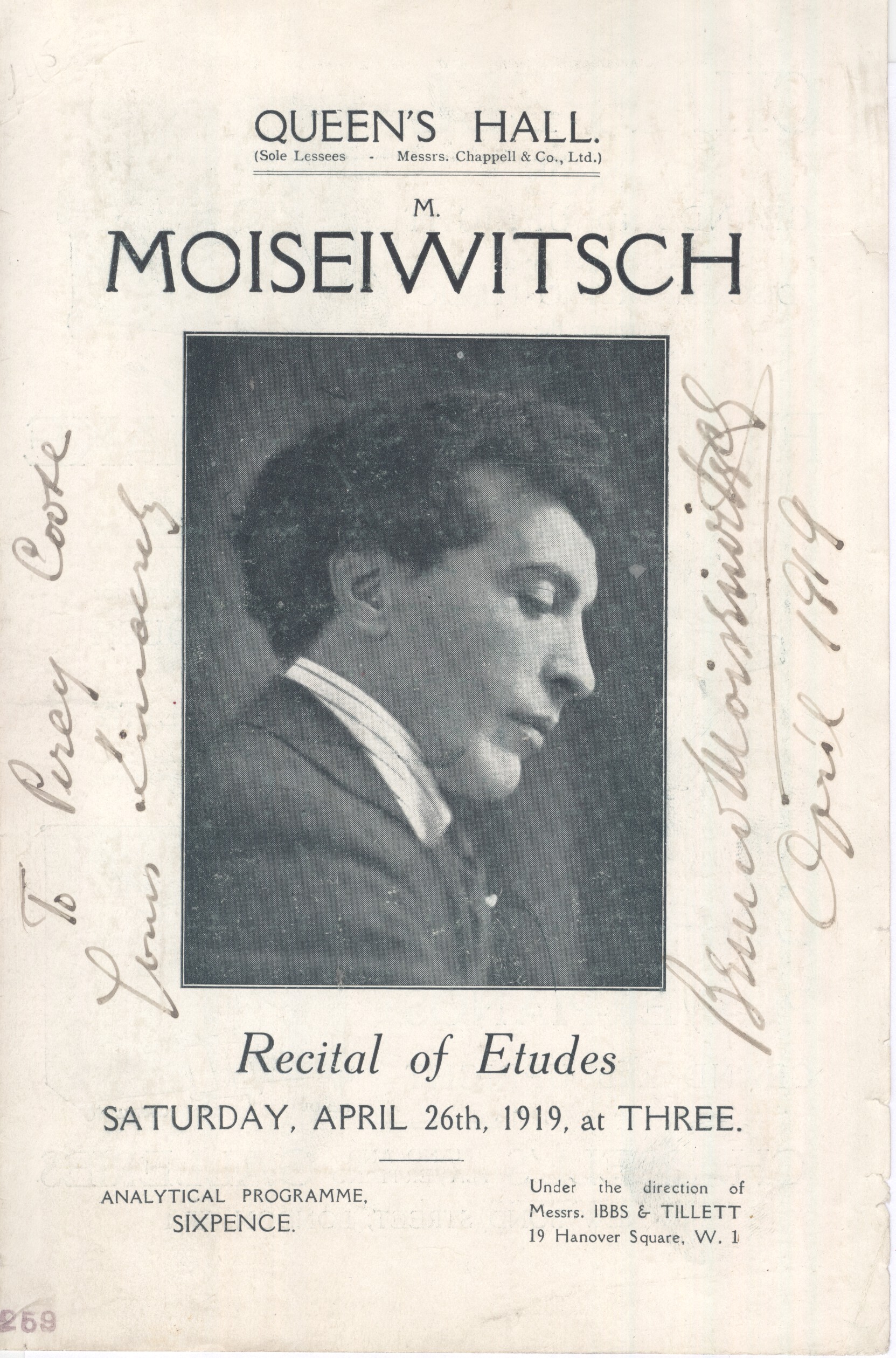 MOISEIWITSCH — Front page of a programme for a Recital of Etudes at the Queen's Hall, signed, inscribed | Sophie Dupré Autographs